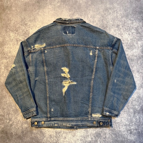American Eagle Mens Distressed Denim Trucker Jacket Blue Small Oversized Fit - Picture 2 of 5